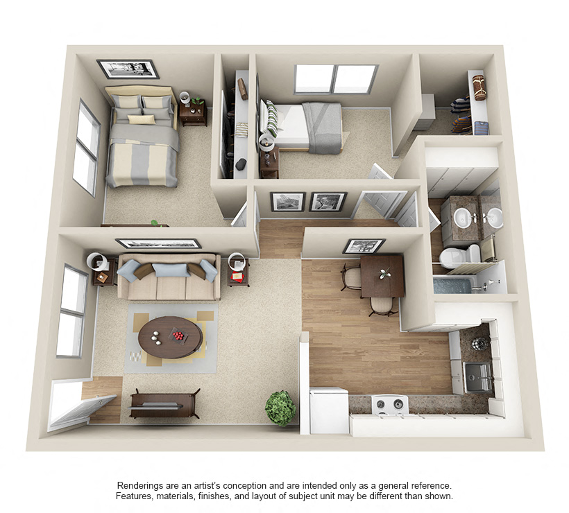 Floor plan for 2 beds, 1 bath, 686 sqft